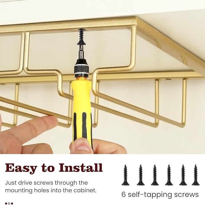 Nuovoware Wine Glass Rack - Under Cabinet Stemware Wine Glass Hanger Rack Holder for Bar Kitchen Cabinet, 8 Rows - Deep Gold