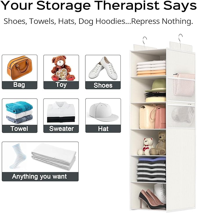 Extra Deep Hanging Closet Organizer with Shelves and Oversized Mesh Pockets