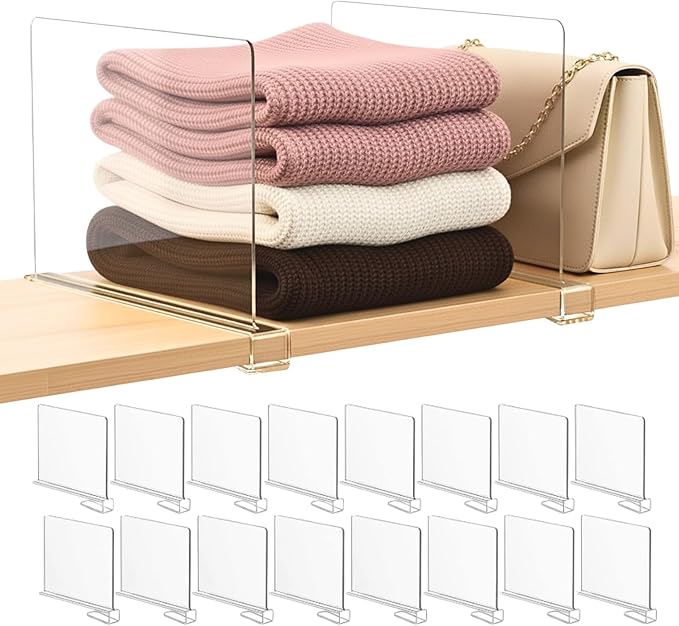 SortNStore Shelf Dividers Purse Organizer for Closet: 16-Pack Acrylic Bag Storage Organizer for Handbags, Clutches, Clothes, Sweater, Towel on Wood Shelves