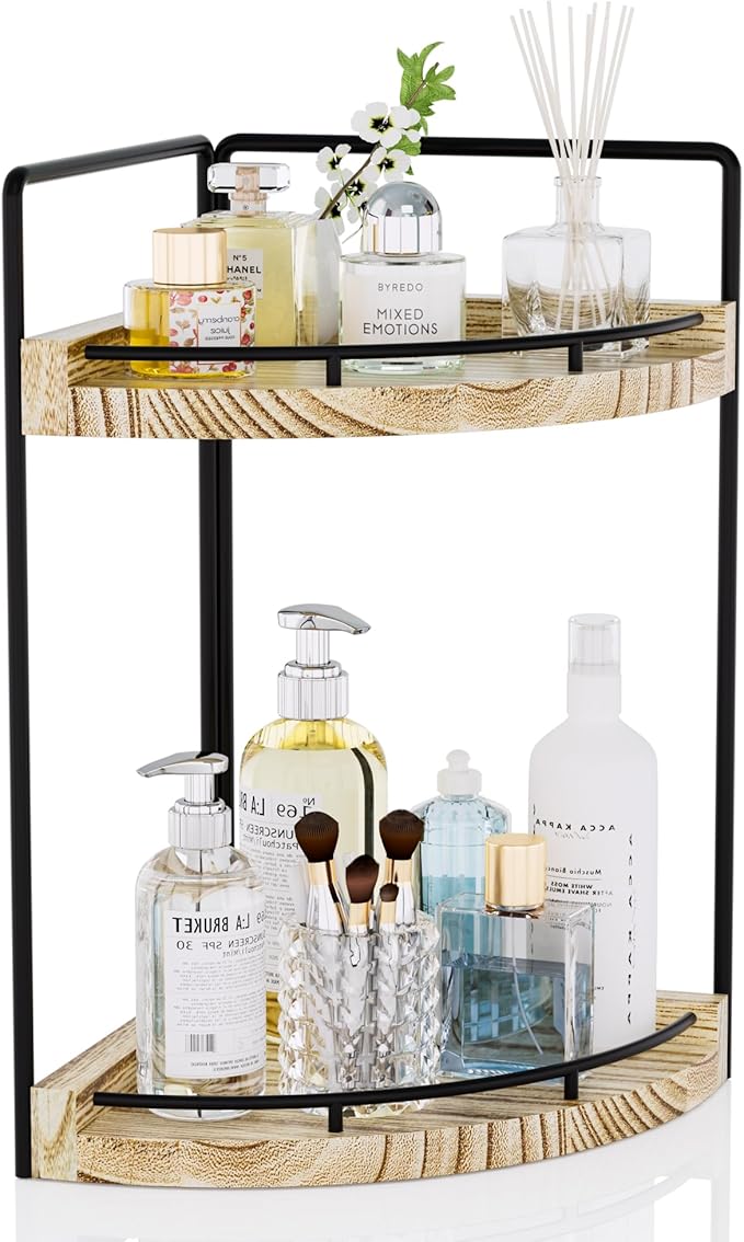 Corner Bathroom Counter Organizer, 2 Tier Wood Vanity Storage, Rustic-2 Tier