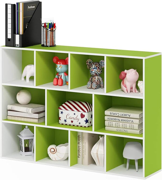 Furinno LUDER Book Shelf, 11-Cube Bookshelf, Reversible Bookcase, White/Green