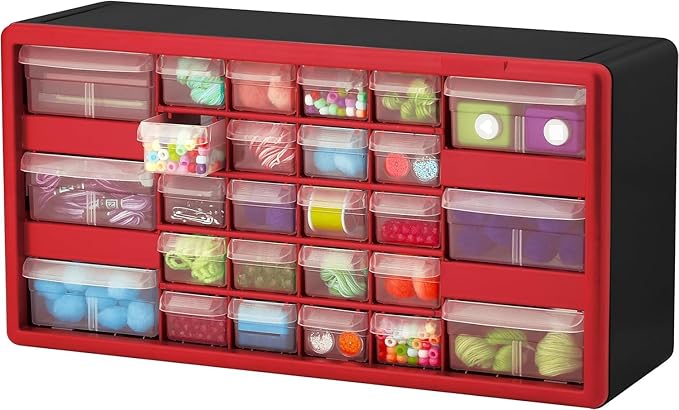 Akro-Mils 26-Drawer Plastic Drawer Storage Cabinet for Garage Organization, Bead Organizer, Building Bricks Storage, Teacher Toolbox, Makeup Organizer, 20" W x 6" D x 10" H, 10126 Red