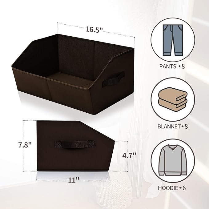 Homsorout Closet Baskets for Shelves Trapezoid - Decorative Storage Baskets with Handle, Closet Bins for Organization, Shelf Storage Bins for Clothes, Books, Home, Office, 8 Pack, Brown