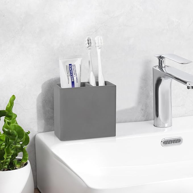 Diatomite Toothbrush Holder 2 Slots Tooth Brush Holder for Bathroom, Kids Electric Toothbrush and Toothpaste Organizer for Countertop, Shower, Vanity, Dark Grey