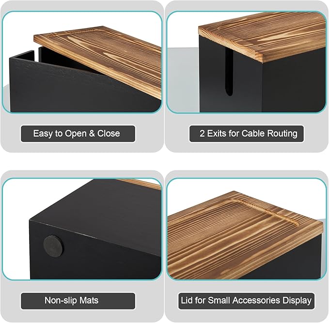 Large Cable Management Box, Wooden Cord Organizer Box for Desk, Floor, Black