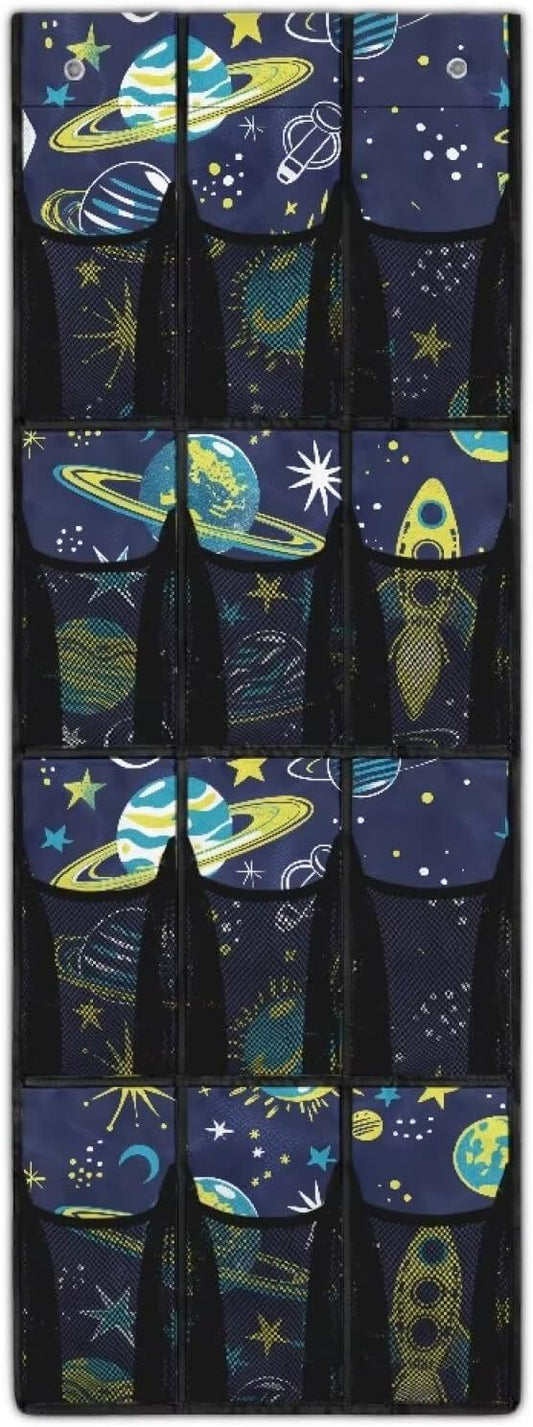 Space Planet Over Door Organizer for Kids, 12 Pockets Astronaut Theme Shoe Rack