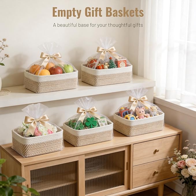 5 Pack Small Woven Storage Baskets for Shelves, Cotton Rope Baskets Organizer for Bathroom, Closet & Nursery, Decorative Storage Bins for Organizing Socks, Toys, 11.8"x7.9"x4.7", Khaki/White