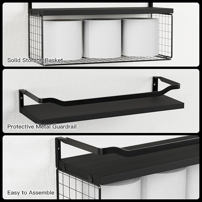 Floating Shelves with Wire Storage Basket, Toilet Paper-Black