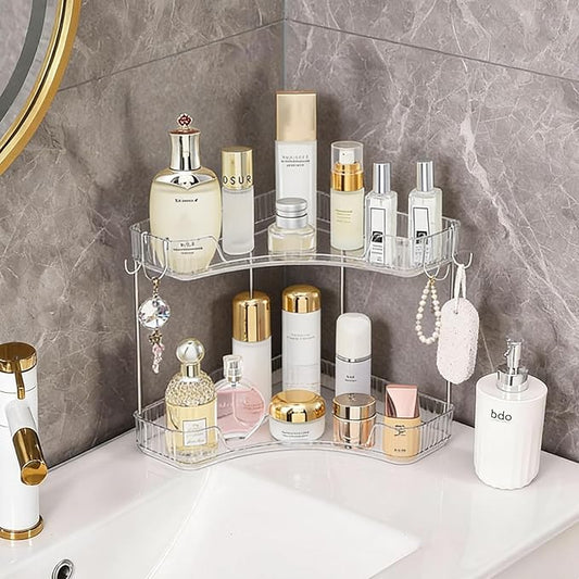 2-Tier Corner Bathroom Organizer Countertop with Hooks, White Silver