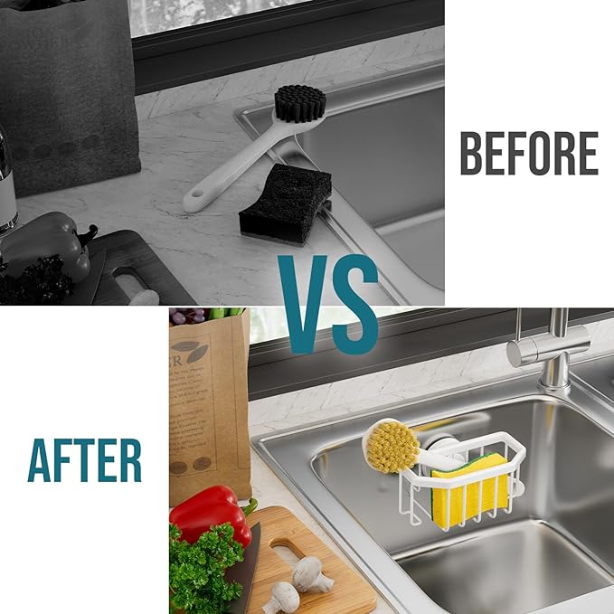 TAILI Sponge Holder for Kitchen Sink with Strong Suction Cup Removable, Rustproof Aluminum Sink Caddy for Sponge, Brush, Scrubber, Scraper -Gold