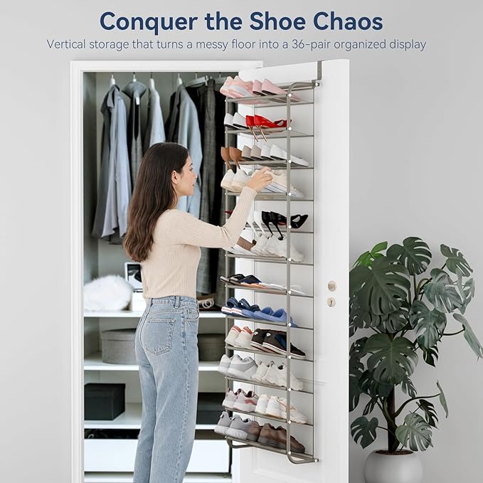 Whitmor 36 Pair Over The Door Shoe Organizer, 12 Tier Hanging Shoe Organizer, Heavy Duty Metal & Mesh Shoe Holder, Hanging Shoe Rack for Closet Organizer & Storage, 74" L x 21.7" W x 7.5" H, Mocha