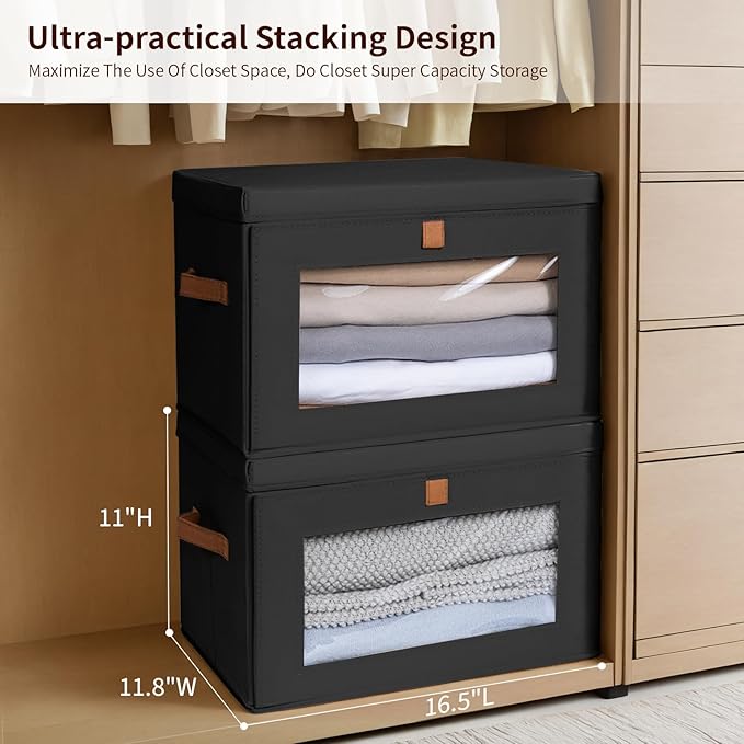 Homsorout Collapsible Storage Bins - Large Stackable Organizer Bins, Decorative Boxes with Handles & Window, Fabric Containers for Living Room, Closet, Dorm, 4 Pack, Black