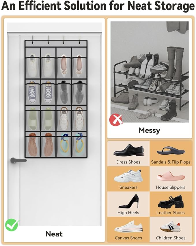 dodowin Over the Door Shoe Organizer Rack, 16 Large Breathable Mesh Pockets, Foldable Hanging Storage Holder for Closet Door, Space Saving Shoe & Accessory Organizer with 4 Metal Hooks, Gray