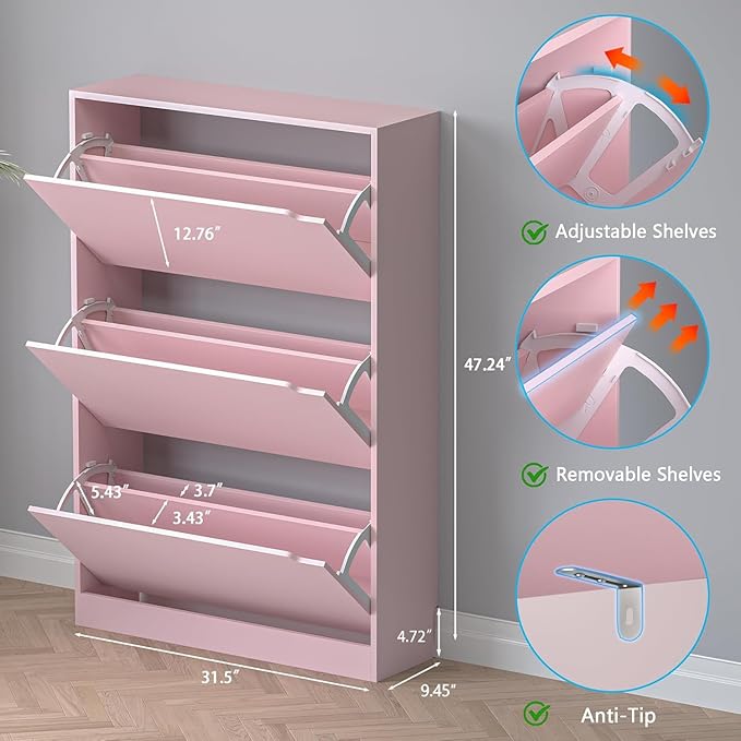 Shoe Cabinet with 3 Flip Drawers, Hidden Wood Shoe Cabinet, Pink