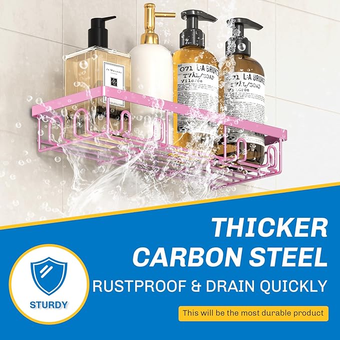 DTUQYX Shower Caddy 9 Pack,Adhesive Organizer for Bathroom Decor Accessories & Kitchen Storage,No Drilling,Large Capacity,Rustproof Stainless Steel Organizer,Home Decor Shelves (Pink 9 Pack)