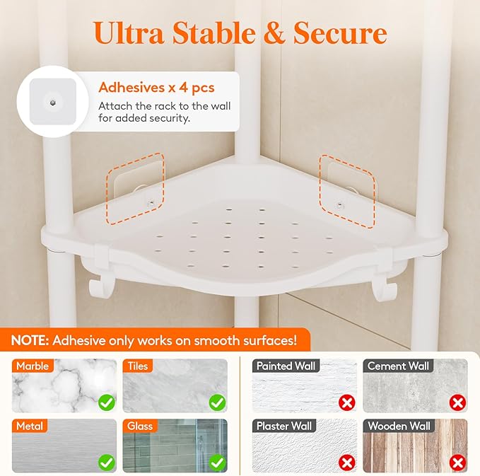 Lifewit Floor Standing Shower Caddy Corner, 3 Tier Plastic Shower Stand Rack with Adjustable Feet and Hooks, Rustproof Bathroom Shelf Organizer, White, 34 x 24 x 75 cm/13 x 9.5 x 29.5 inch