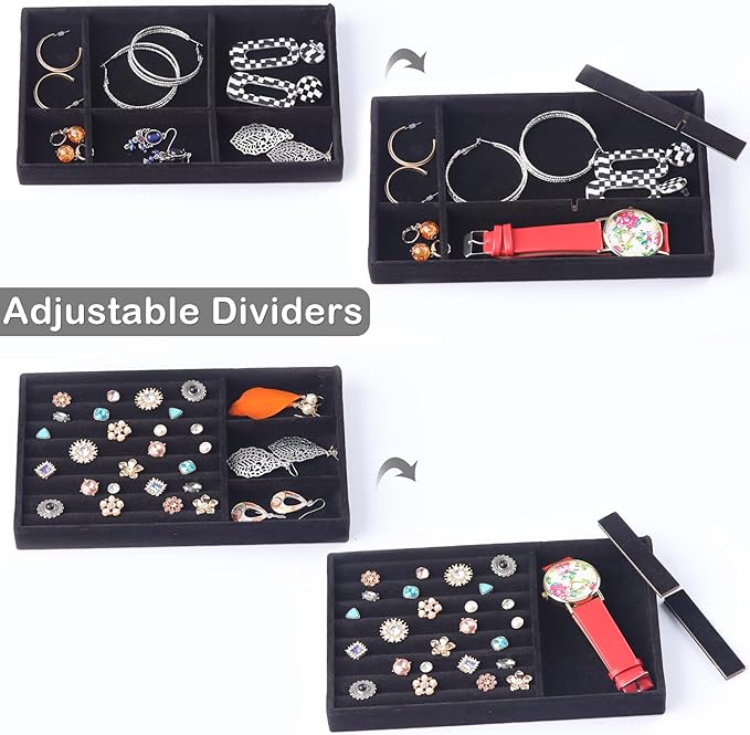 Set of 8 Velvet Jewelry Drawer Organizer Inserts, Stackable Trays with Removable Dividers, Earring and Ring Holder Display for Dresser, Storage Case for Necklace Bracelet Watch - Black