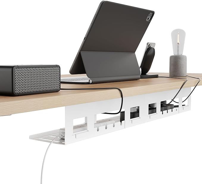 Under Desk Cable Management Tray, 31.5 Inches Metal Cord Organizer Rack, White