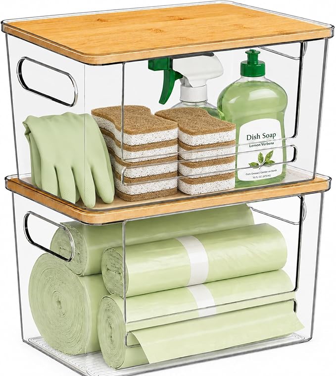 Trash Bag Dispenser 2 Pack - Under Sink Organizer, Plastic Bag Holder, Stackable Acrylic Garbage Bag Storage with Bamboo Lid for Kitchen Cabinet, 13/30/33 Gallon Grocery Bag Dispenser