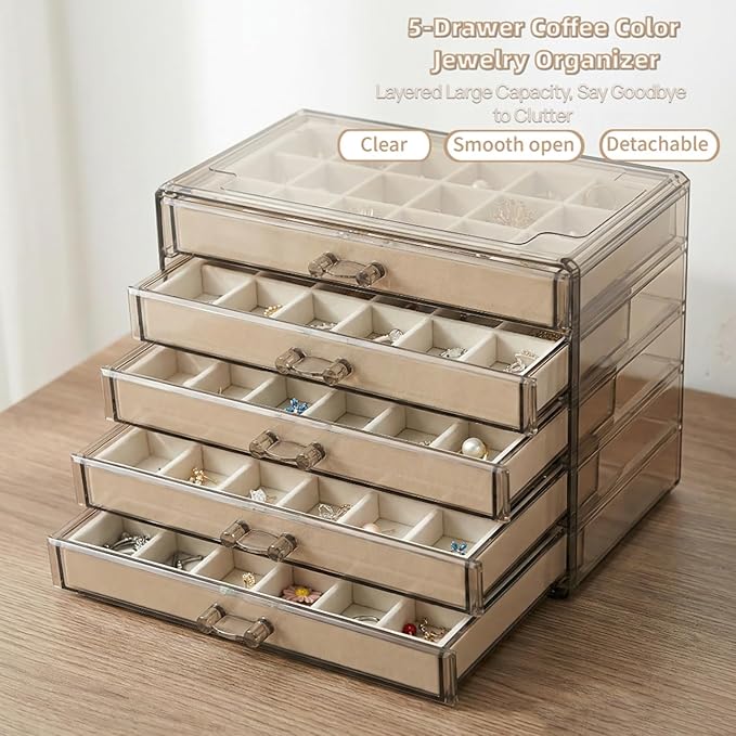 Acrylic Earring Holder Organizer with 5 Drawers Clear Earring Organizer Box with 90 Adjustable Grids Velvet Earring Display Case Jewelry Organizer for Earrings Rings Studs (Brown Beige)