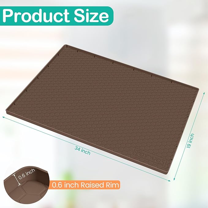 Waterproof Under Sink Mat 34" x 19", Silicone Cabinet Liner, Brown