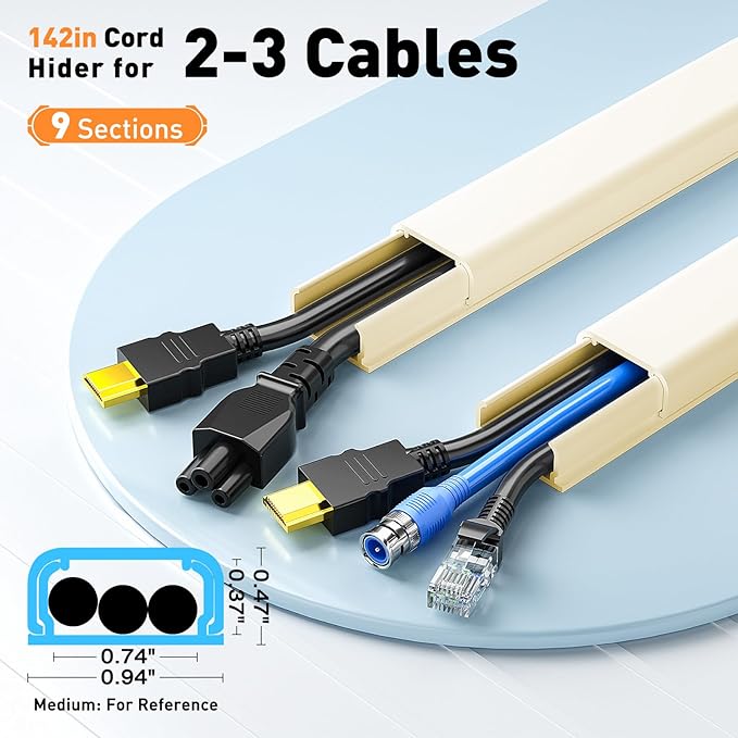 Delamu Cord Hider, 142in Cable Hider, Cord Covers for 2-3 Wires on Wall, Wire Covers for Cords, Wire Hiders for TV on Wall, Easier Setup Cable Cover Cable Management, W0.94 H0.47in, Beige