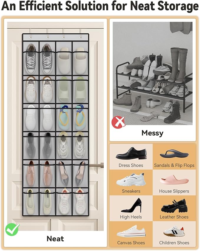 dodowin Over the Door Shoe Organizers, 2 Pack (1 Black & 1 Grey), Each with 24 Deep Mesh Pockets, Over The Door Shoe Rack, Space Saving Hanging Storage Holder for Closets, Shoes & Accessories