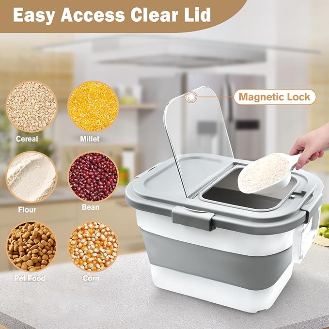 Komzon Rice Storage Container, Collapsible Airtight Food Storage Containers 6-20 Lbs, Rice Dispenser Bin with Cup and Scoop for Flour Cereal Pasta Grain, Cat Bird Pet Dog Food Storage Container