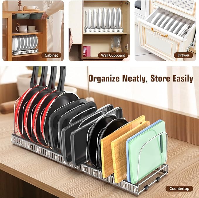 Housolution Cutting Board Organizer Rack, Expandable Baking Tray and Cookie Sheet Organizer with 14 Adjustable Dividers, Bakeware Muffin Tin Cupcake Pan Storage Organizer for Cabinet, Silver