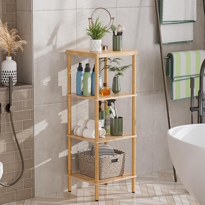 AmazerBath Bamboo Bathroom Shelf, 4-Tier Bathroom Storage Shelf, Multifunctional Storage Rack for Living Room Bedroom Kitchen, Space Saver
