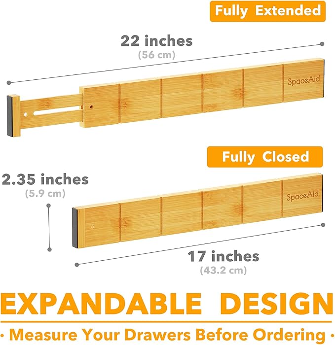SpaceAid Bamboo Drawer Dividers with Inserts and Labels, Kitchen Adjustable Drawer Organizers, Expandable Organization for Home, Office, Dressers, 7 Dividers with 15 Inserts (17"-22" Natural)