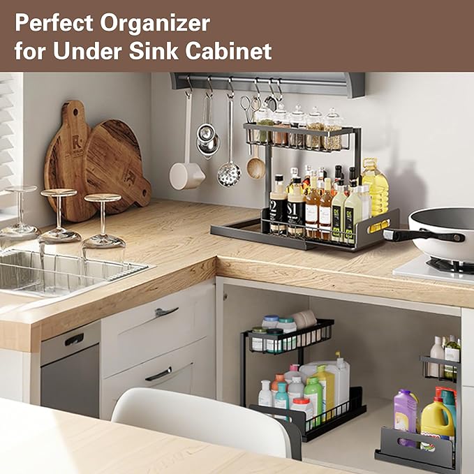 VUSIGN Under Kitchen Sink Organizer, 2 Tier Metal Slide out Sink Shelf Pull out Cabinet Organizer Drawers for Bathroom Kitchen Laundry, 2 Pack, Black
