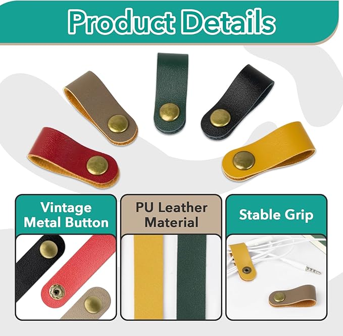 20 Pcs Leather Cord Organizer - Multiple Colors Leather Cable Straps Cord Organizer for Charging Cords, Reusable Cable Clips Leather, Multipurpose Leathers Wire Cable Ties(5 Colors)