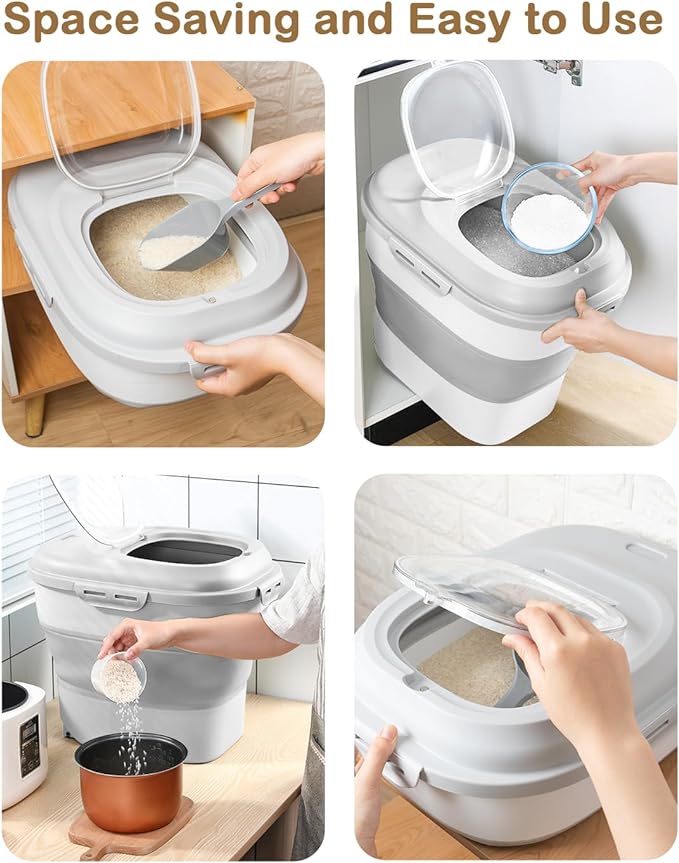 20-50 Lbs Food Storage Container With Wheel, Airtight Locking Lid, Collapsible Rice Container, Flour Storage With Small Container and Scoop, Suitable for Pet Food