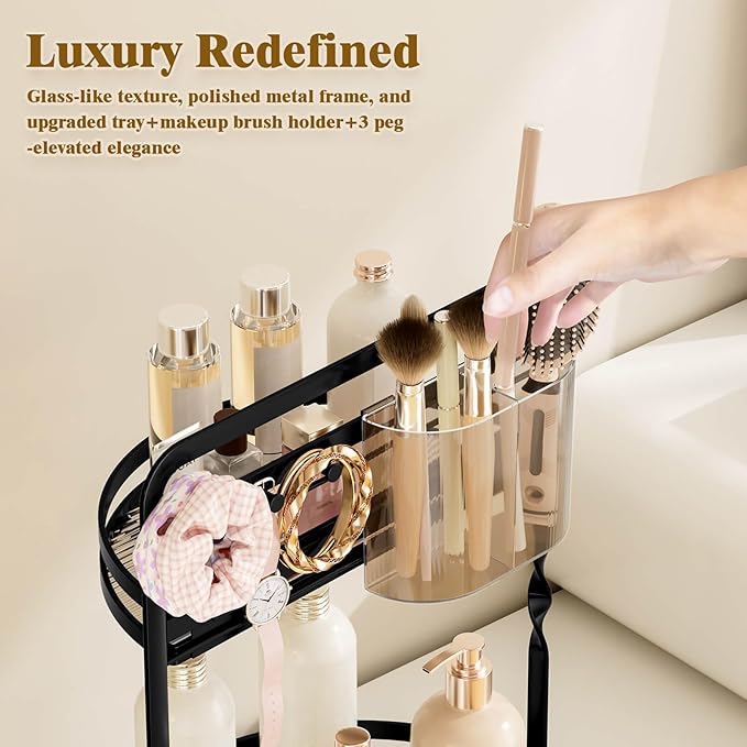 360 Rotating Makeup Organizer, 2-Tier Black Perfume Organizer for Dresser, Bathroom Counter Organizer, Lazy Susan Vanity Tray Spinning Skincare Storage with Jewelry Hooks & Makeup Brush Holder
