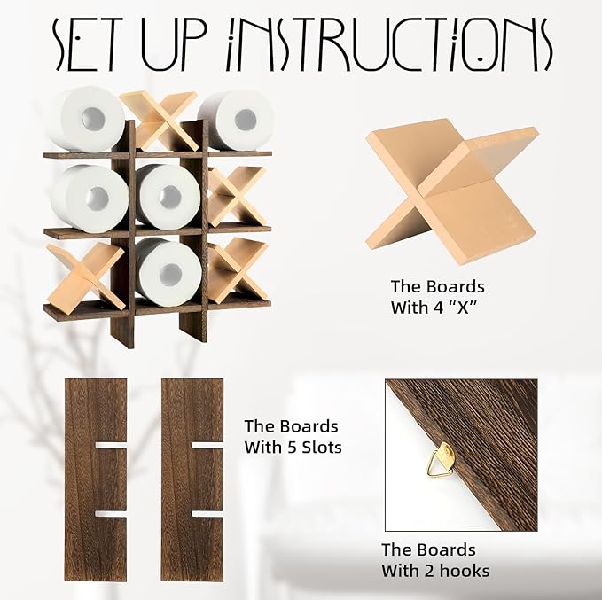 Weysat Tic Tac Toe Toilet Paper Holder Stand Bathroom Wall Decor Rustic Wooden Hanging Storage Freestanding Wall Mounted Shelves Decor for Toilet Tissue Farmhouse