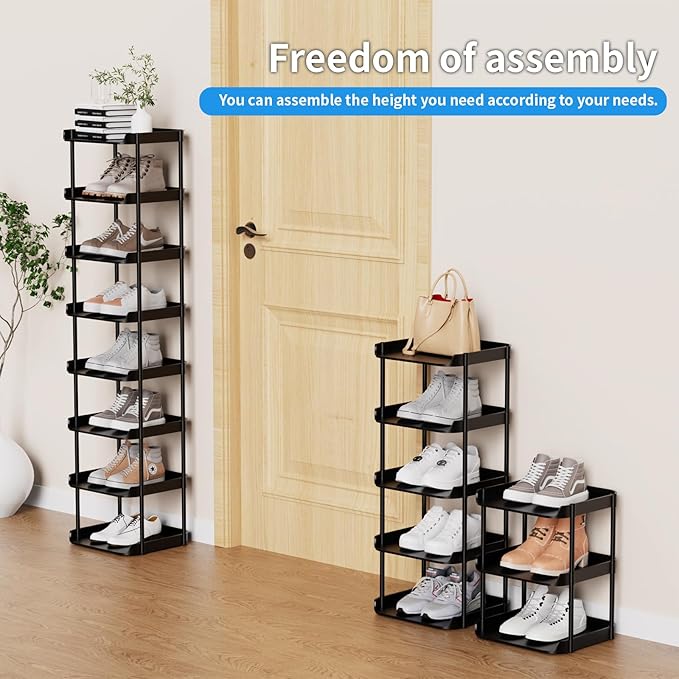 8 Tier Vertical Narrow Shoe Rack, Stackable Tall Skinny Shoerack, Compact Single Shoes Storage Tower for Slim Space, Corner Plastic Shelves, for Hallways, Entryway, Bedrooms Organizer, Black