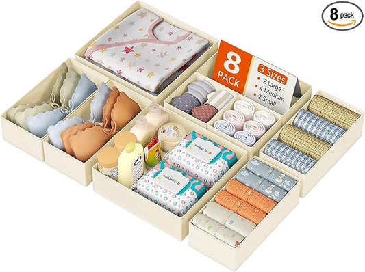 Drawer Organizer Clothes, 8 Pack Dresser Organizer, Beige