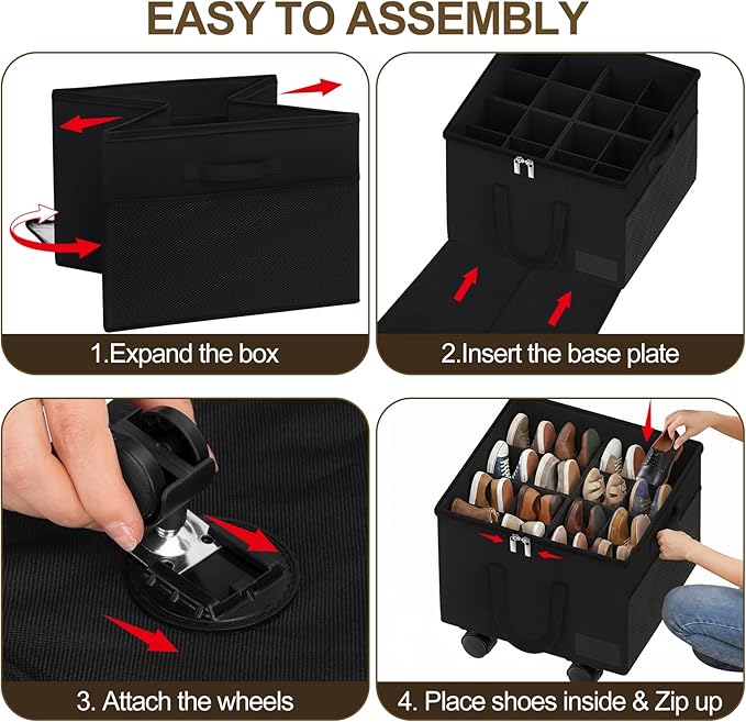 2 Pack Large Shoe Organizer for Closet, Adjustable Dividers Shoe Storage Box Bins with Wheels Clear Cover Reinforced Handle Side Pocket Fits up to 32 Pairs, Foldable Shoe Organizer for Entryway Black