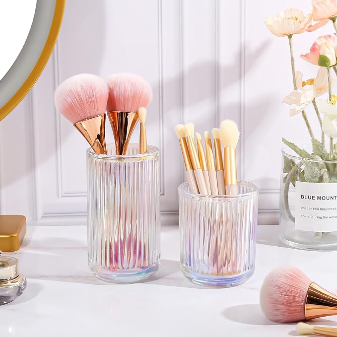 DASITON Makeup Brush Holder Organizer, Crystal Glass Makeup Brushes Storage Holder, Vintage Make Up Brush Cup for Vanity, Pen Pencil Holder for Desk, Toothbrush Holders for Bathroom (Colorful L)