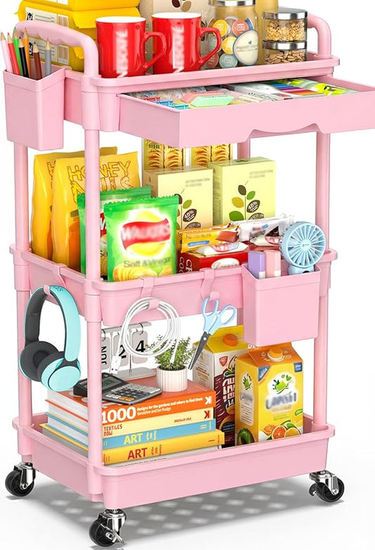 3 Tier Rolling Cart with Drawer, Pink