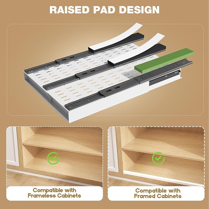 Seinloes Pull Out Cabinet Organizer, 4-Side Expandable to Fit Most Cabinets, 3 Rail Slide Out Drawers with Raising Pad for Framed & Frameless Cabinets, 11"-16" W x 17"-24" D, White, 2 Pack