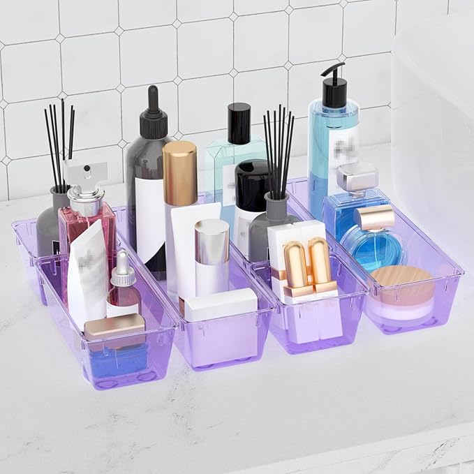 6 Pack Clear Drawer Organizer Set, Acrylic Drawer Storage Trays, Purple