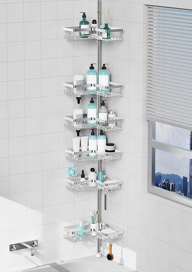 Corner Shower Caddy Tension Pole, Adjustable Shower Tension Rod Organizer