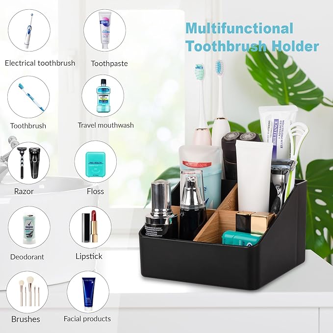 Toothbrush Holder for Bathrooms, 5 Slots Tooth Brush Holder with Detachable Bamboo Dividers, Countertop Organizer for Electric Toothbrushes, Toothpaste, Razors, Floss - Black