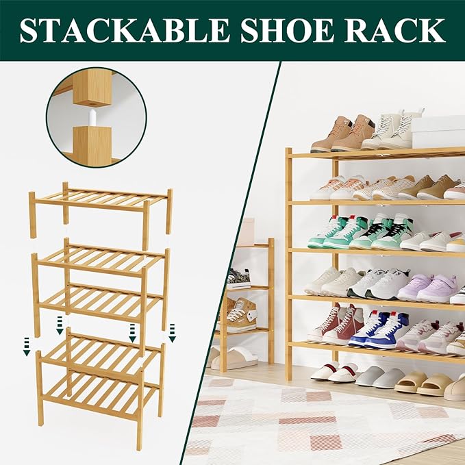 Smiry Long Bamboo Shoe Rack, 4 Tier Free Standing Wooden Shoe Organizer, Stackable Wood Shoe Storage Shelf for Closet, Entryway, 12 Vertical Slats, 2+2 Stack Standard Legs, 33.7"x11"x26", Natural