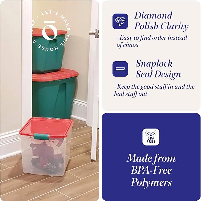 4-Pack Holiday Tote, Plastic Storage Organizer Bins with Lids, 31 Quart