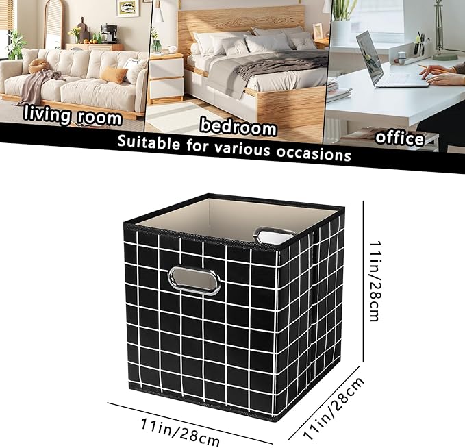 Yunkeeeper storage bins Cubes, Fabric Cube Organizer with Handle, Foldable Cube Bins for Cloth or Accessary Storage, 11x11x11, Set of 6, (Black grid)