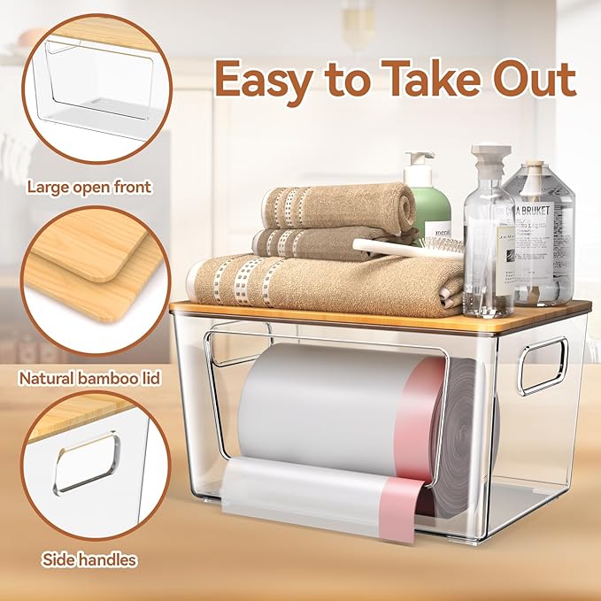 4 Pack Trash Bag Holder with Bamboo Lid, Stackable Trashbag Dispenser