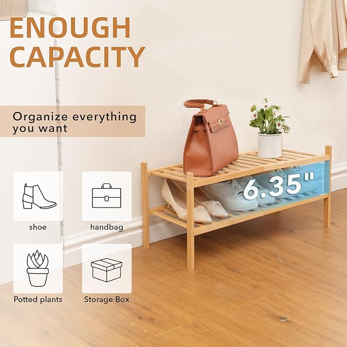 2 Tier Bamboo Shoe Rack Storage Organizer for Closet, Multifunctional Stackable Free Standing Shoe Shelf Organizer for Small Space,Entryway,Hallway,Bathroom 27"x11"x13"(Natural, 2 Tier)